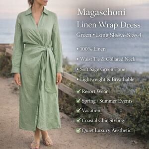 Magaschoni Dress Linen Wrap Long Sleeve Designer Luxury Classic Coastal